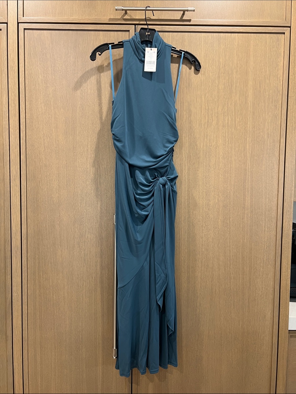 cinq a sept Teal High-Neck Ruched Knot RORI Dress